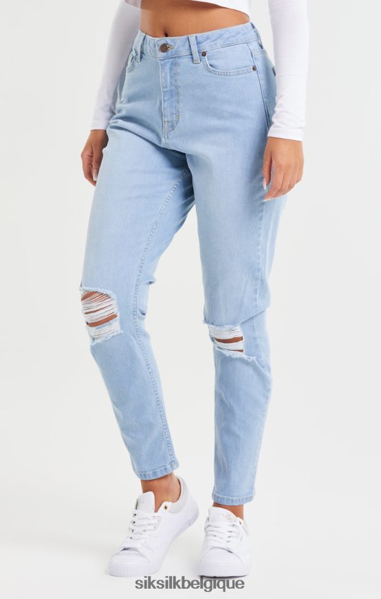 Jean mom en denim bleu clair déchiré aux genoux vêtements femmes SikSilk AS2ZD189