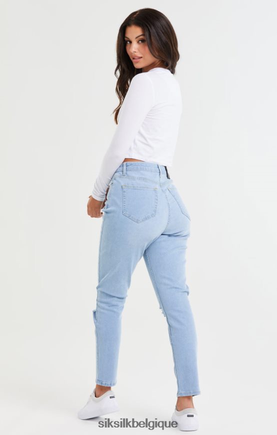 Jean mom en denim bleu clair déchiré aux genoux vêtements femmes SikSilk AS2ZD189