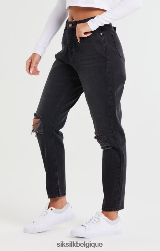 Jean mom en denim noir délavé avec déchirures aux genoux vêtements femmes SikSilk AS2ZD191