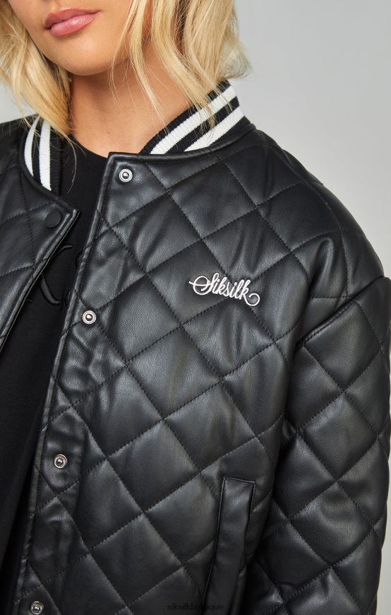 veste universitaire matelassée en PU noir vêtements femmes SikSilk AS2ZD135